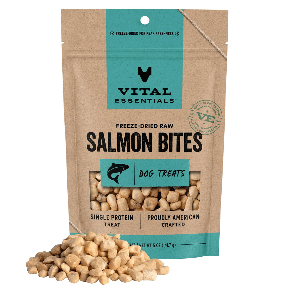 Vital Essentials Salmon Bites bag front shows high-protein, single-ingredient dog treats.