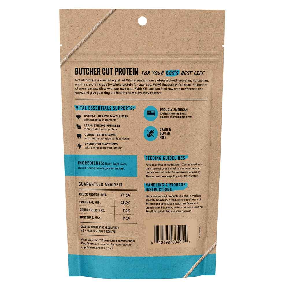 Vital Essentials single-protein beef bites close-up texture, ideal for training rewards.