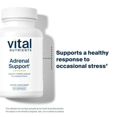 Vital Nutrients Adrenal Support capsules closeup highlighting convenient daily energy support.