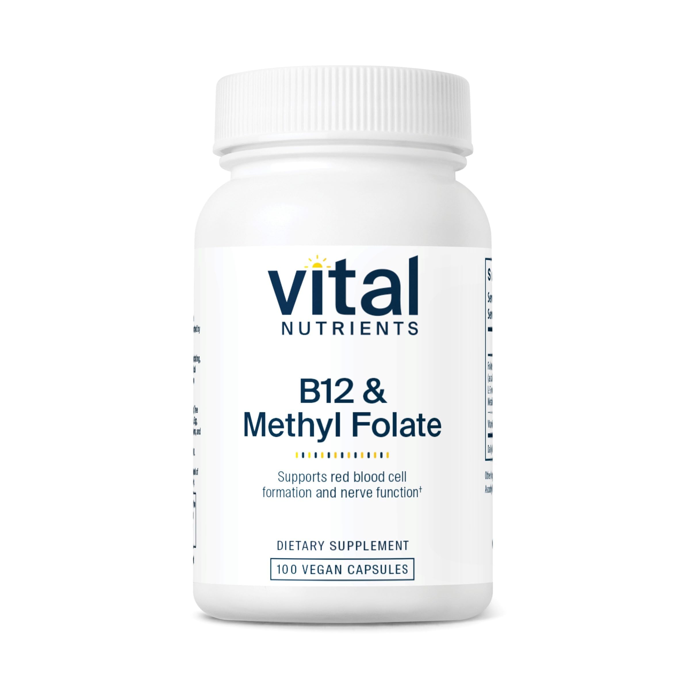 Vital Nutrients B12 & Methyl Folate bottle front view supports daily energy and nervous system health.