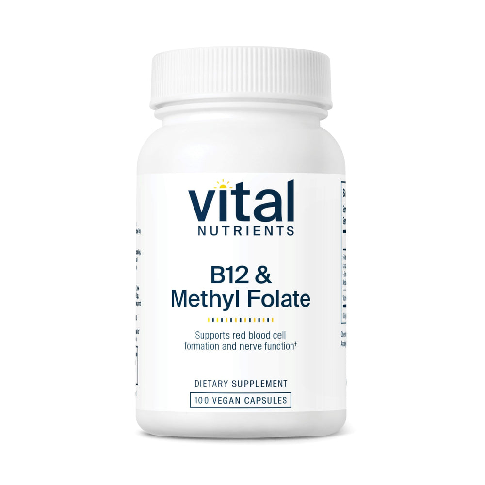 Vital Nutrients B12 & Methyl Folate bottle front view supports daily energy and nervous system health.