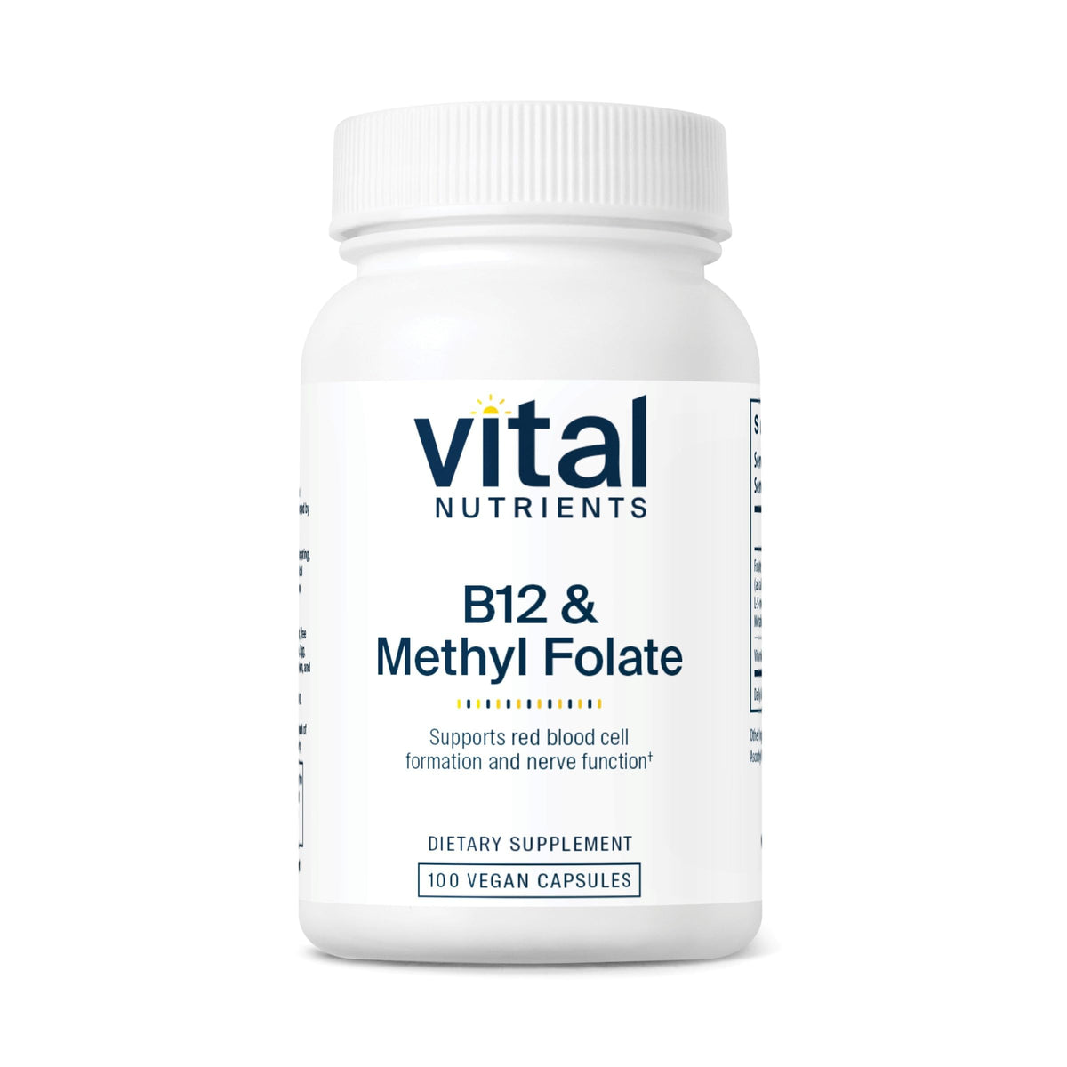 Vital Nutrients B12 & Methyl Folate bottle front view supports daily energy and nervous system health.