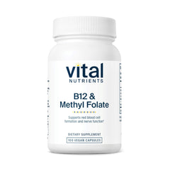Vital Nutrients B12 & Methyl Folate bottle front view supports daily energy and nervous system health.