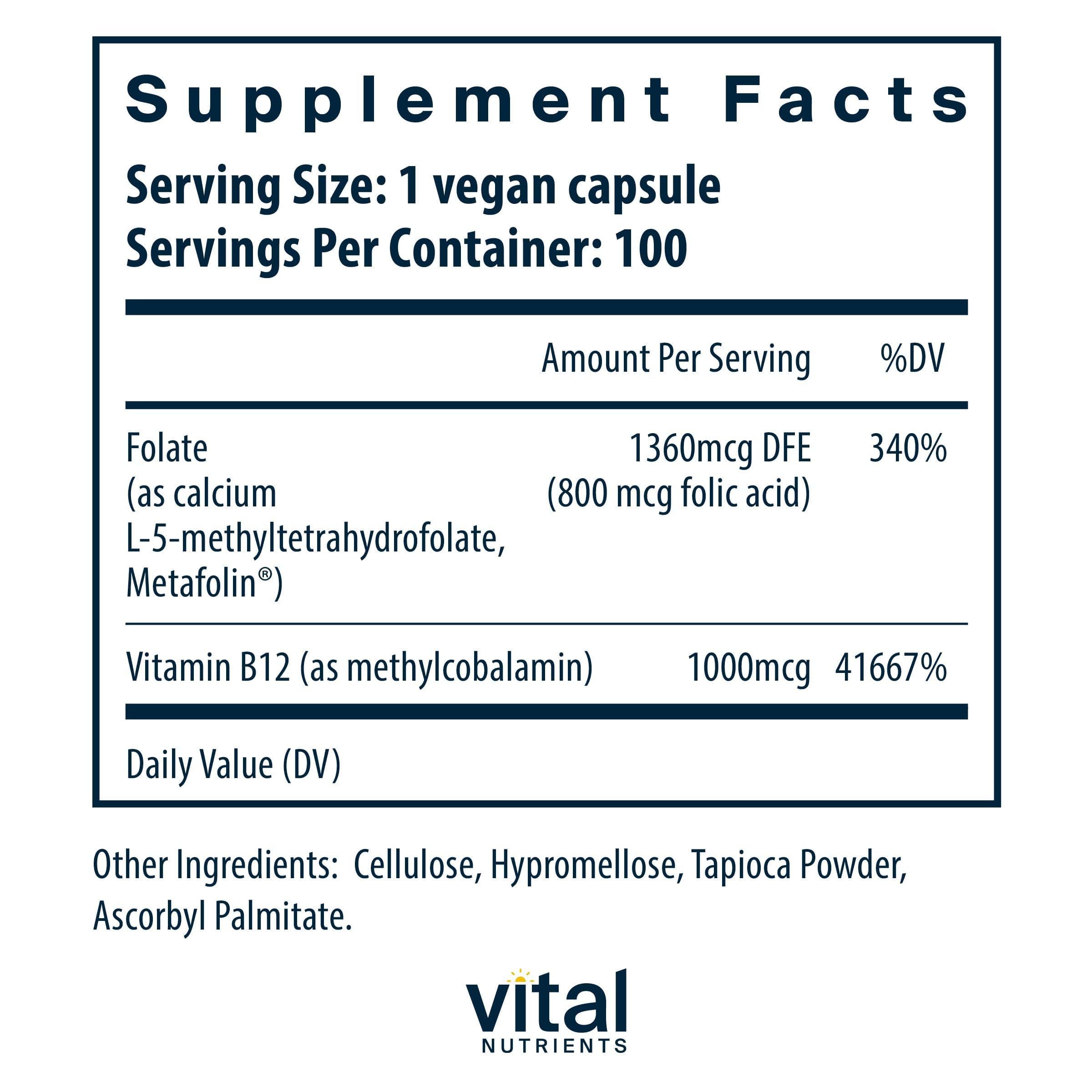 Vital Nutrients B12 & Methyl Folate bottle side label highlights vegan gluten-free formula.