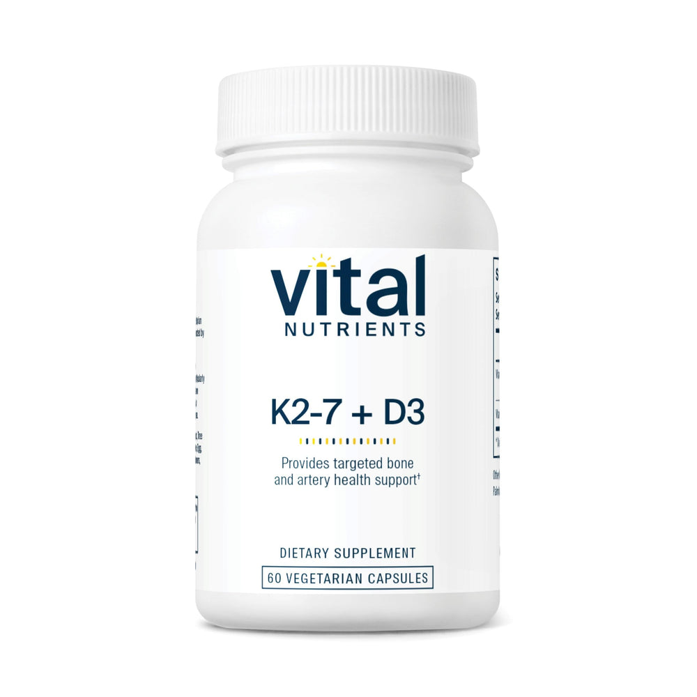 Vital Nutrients D3 K2 bottle front highlighting calcium absorption support.