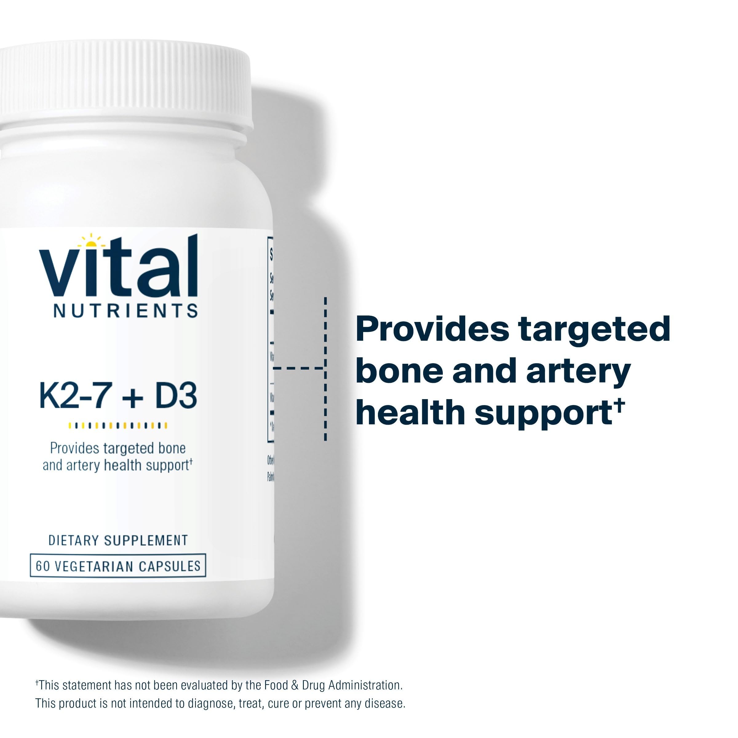 Vital Nutrients D3 K2 capsules close-up illustrating easily absorbed vitamin forms.