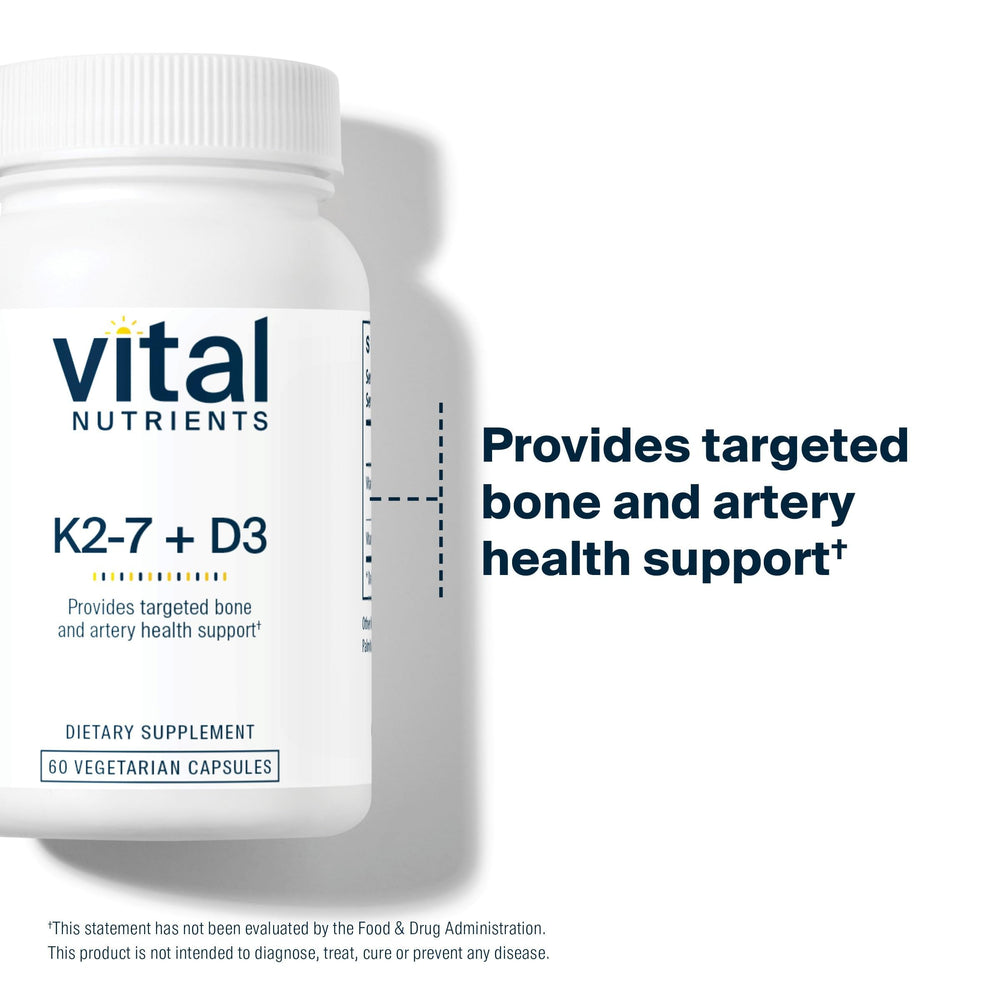 Vital Nutrients D3 K2 capsules close-up illustrating easily absorbed vitamin forms.