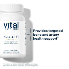 Vital Nutrients D3 K2 capsules close-up illustrating easily absorbed vitamin forms.