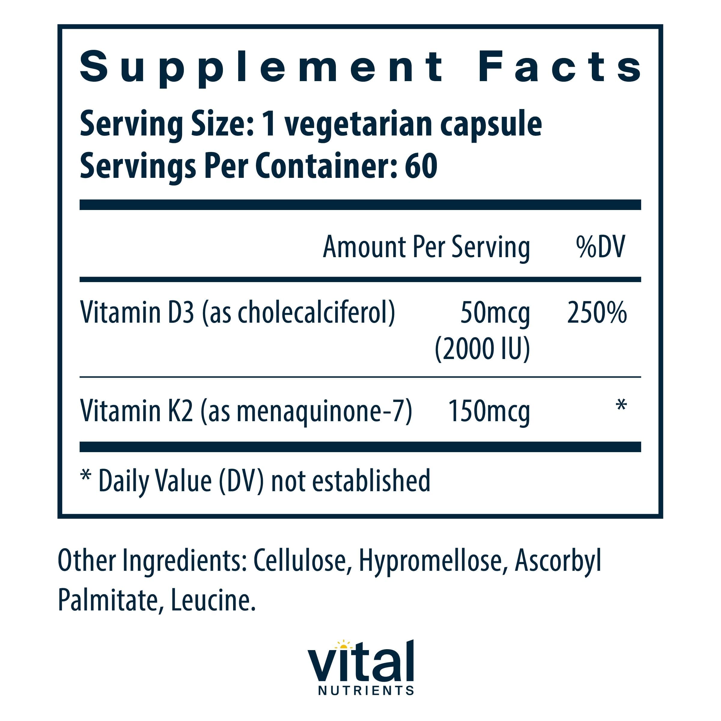 Vital Nutrients D3 K2 label close-up emphasizing MK-7 and cholecalciferol.