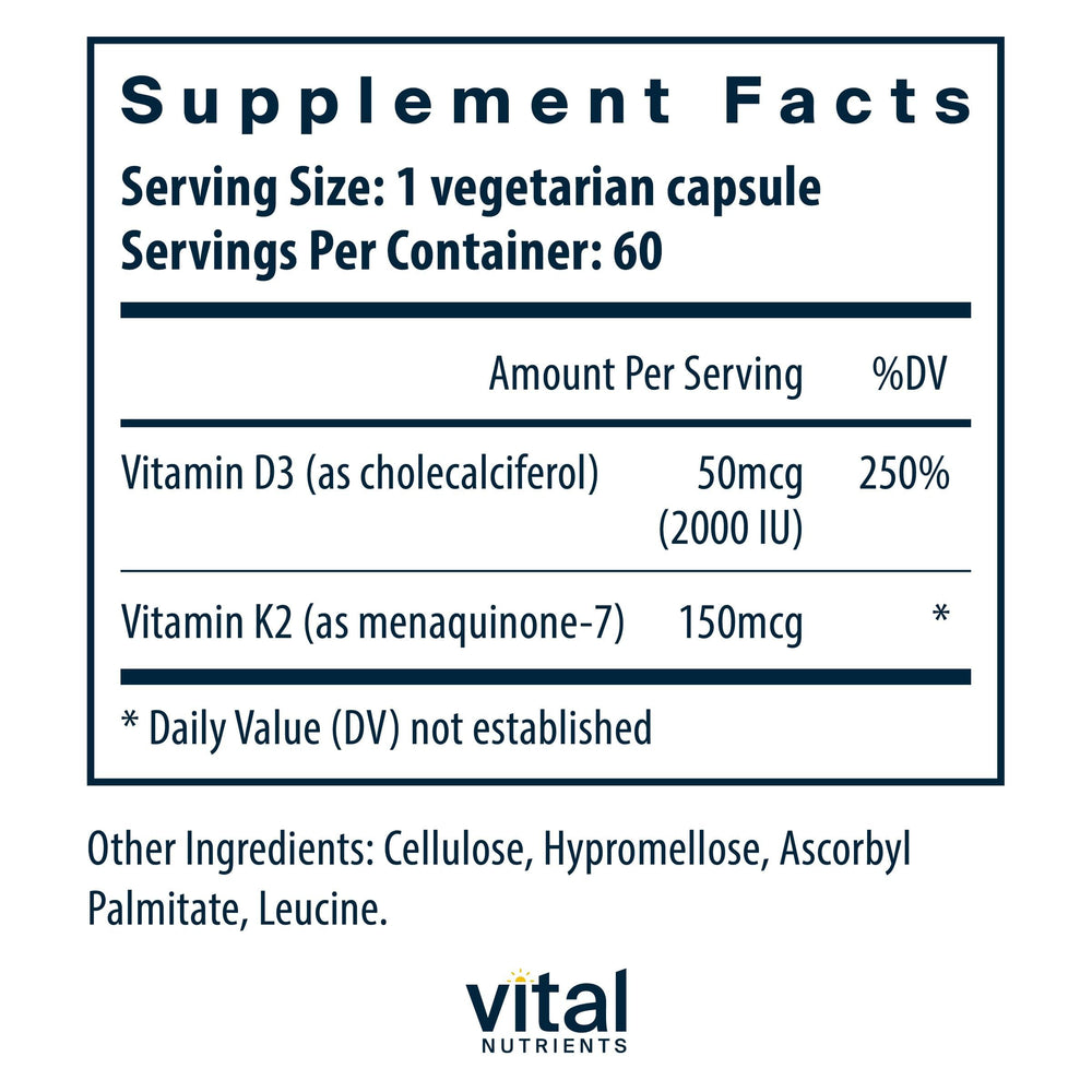 Vital Nutrients D3 K2 label close-up emphasizing MK-7 and cholecalciferol.