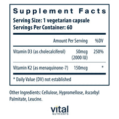 Vital Nutrients D3 K2 label close-up emphasizing MK-7 and cholecalciferol.