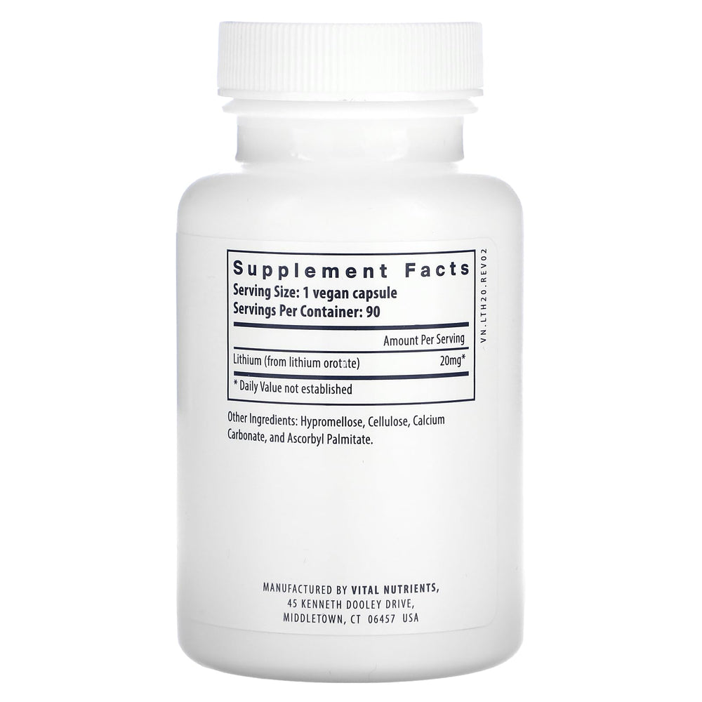 Vital Nutrients Lithium Orotate capsules close-up for mood and memory support.