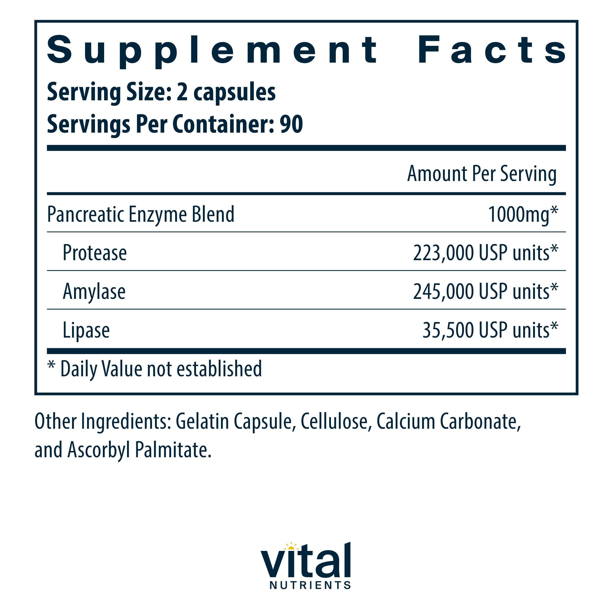 Vital Nutrients Pancreatic Enzymes capsules close-up showing full-strength enzymes