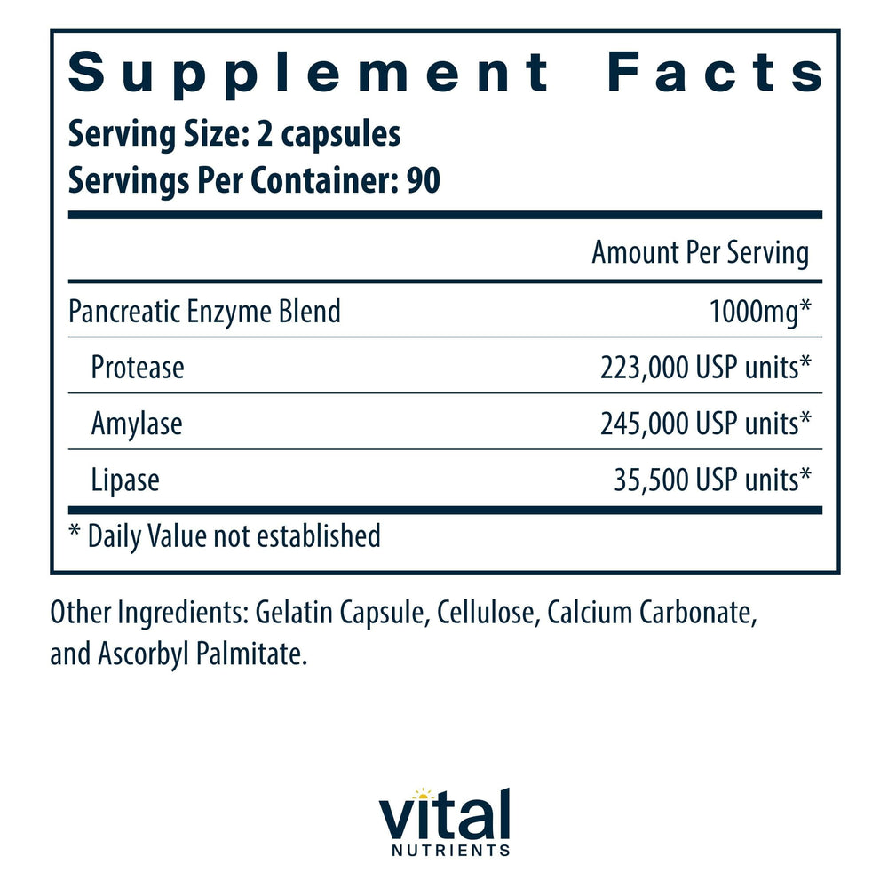 Vital Nutrients Pancreatic Enzymes capsules close-up showing full-strength enzymes