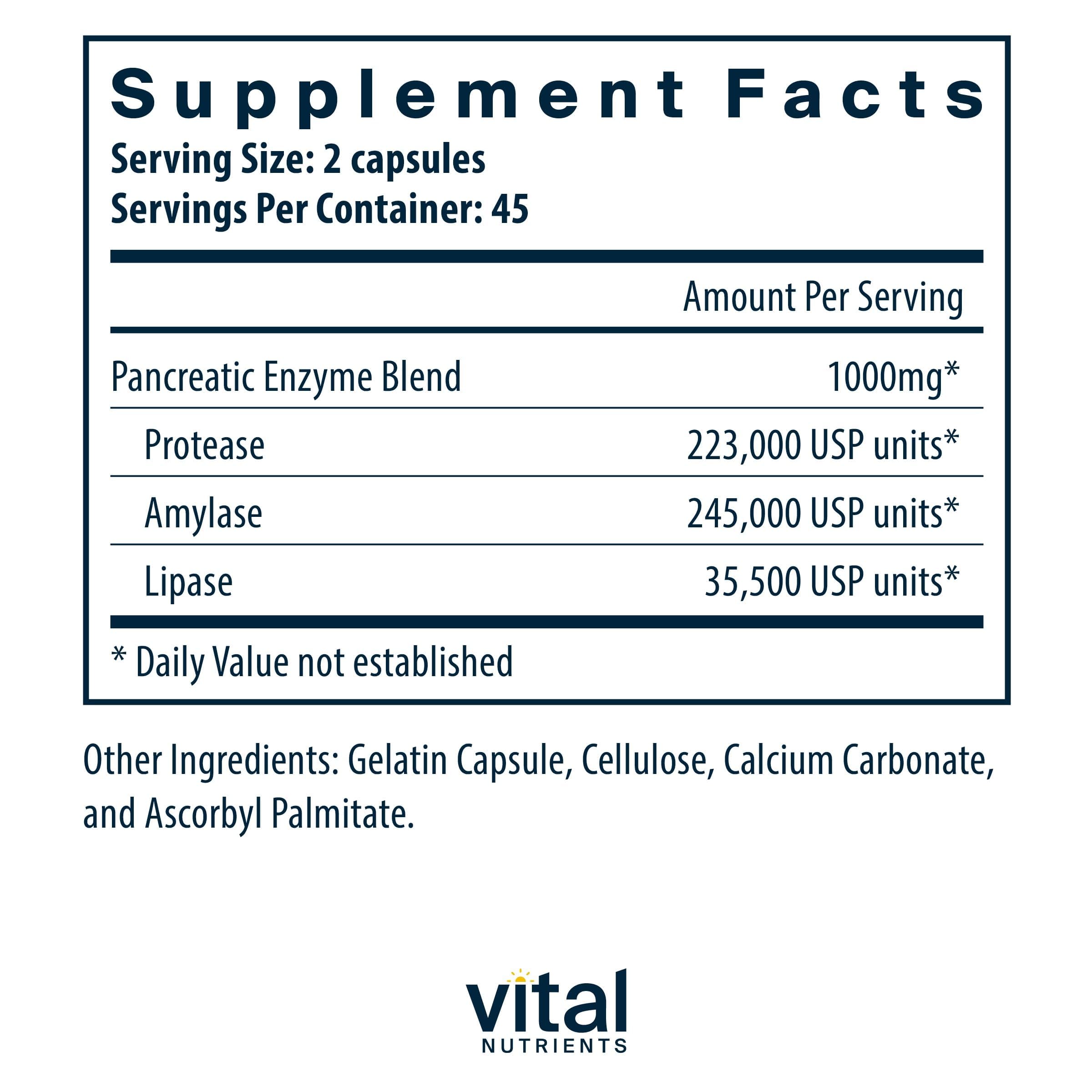 Vital Nutrients Pancreatic Enzymes capsules close-up showing digestion support