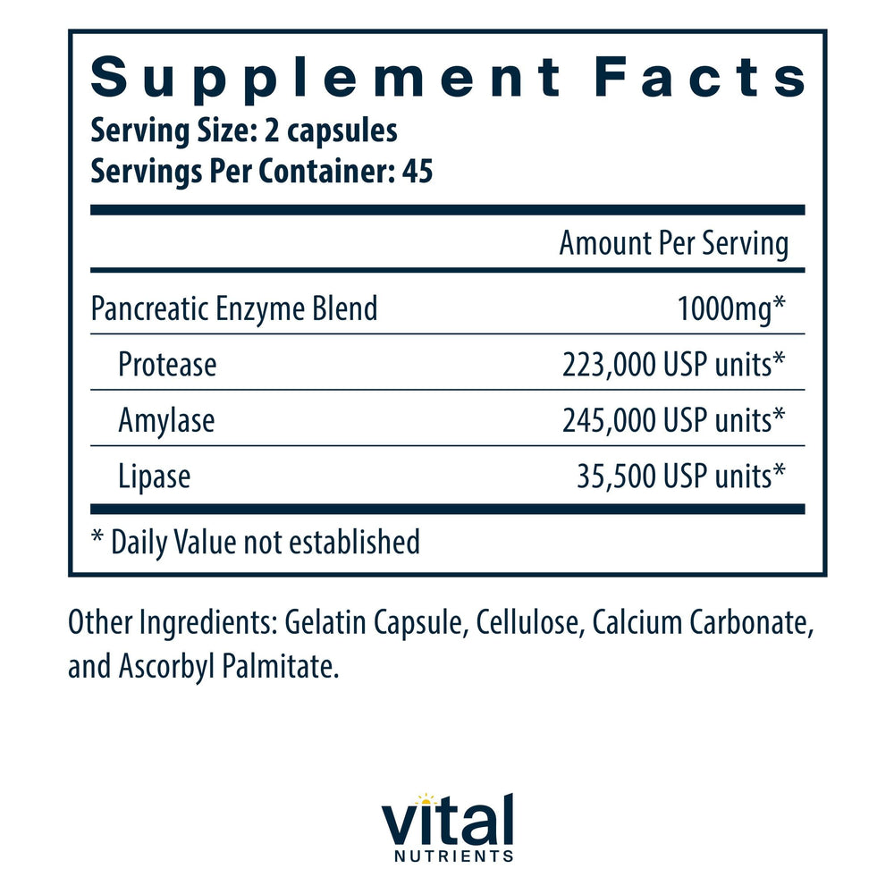 Vital Nutrients Pancreatic Enzymes capsules close-up showing digestion support