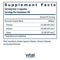 Vital Nutrients Pancreatic Enzymes capsules close-up showing full-strength enzymes