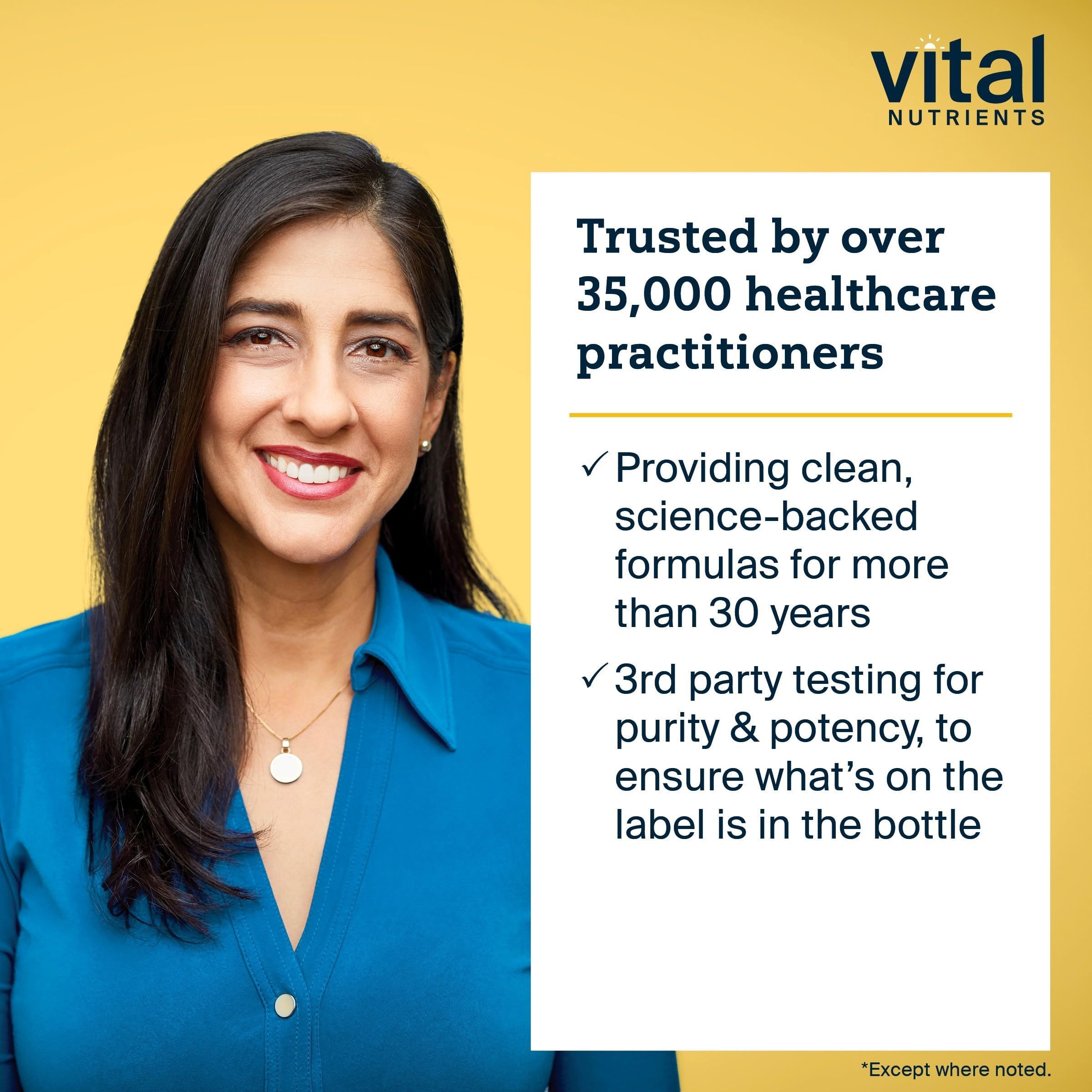 Independent lab testing seal for Vital Nutrients Vitamin C confirms purity and potency.