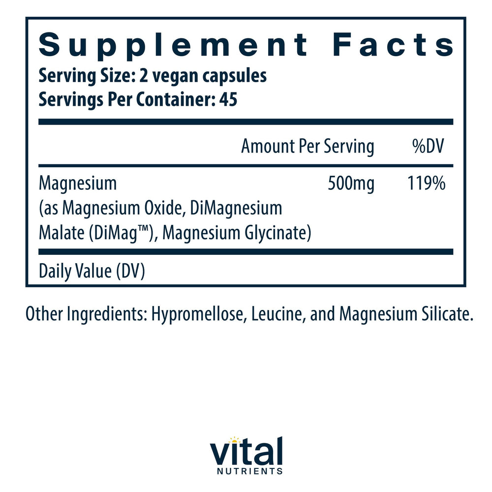 Vital Nutrients Triple Magnesium Complex bottle back lists three bioavailable magnesium forms.