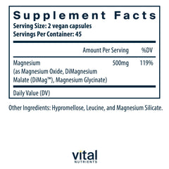 Vital Nutrients Triple Magnesium Complex bottle back lists three bioavailable magnesium forms.
