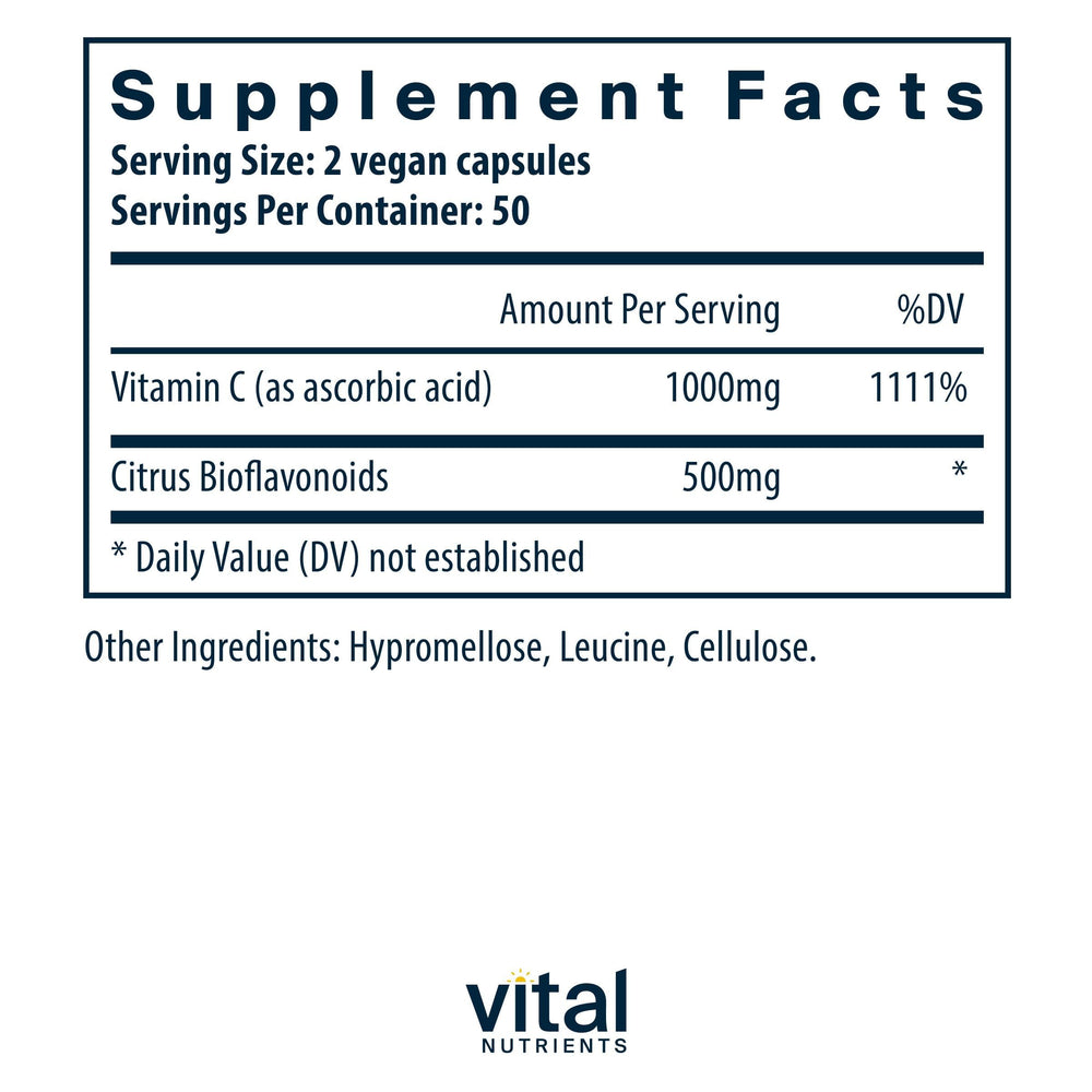 Closeup of Vital Nutrients Vitamin C capsules, vegan and non-GMO for daily antioxidant support.