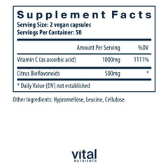 Closeup of Vital Nutrients Vitamin C capsules, vegan and non-GMO for daily antioxidant support.
