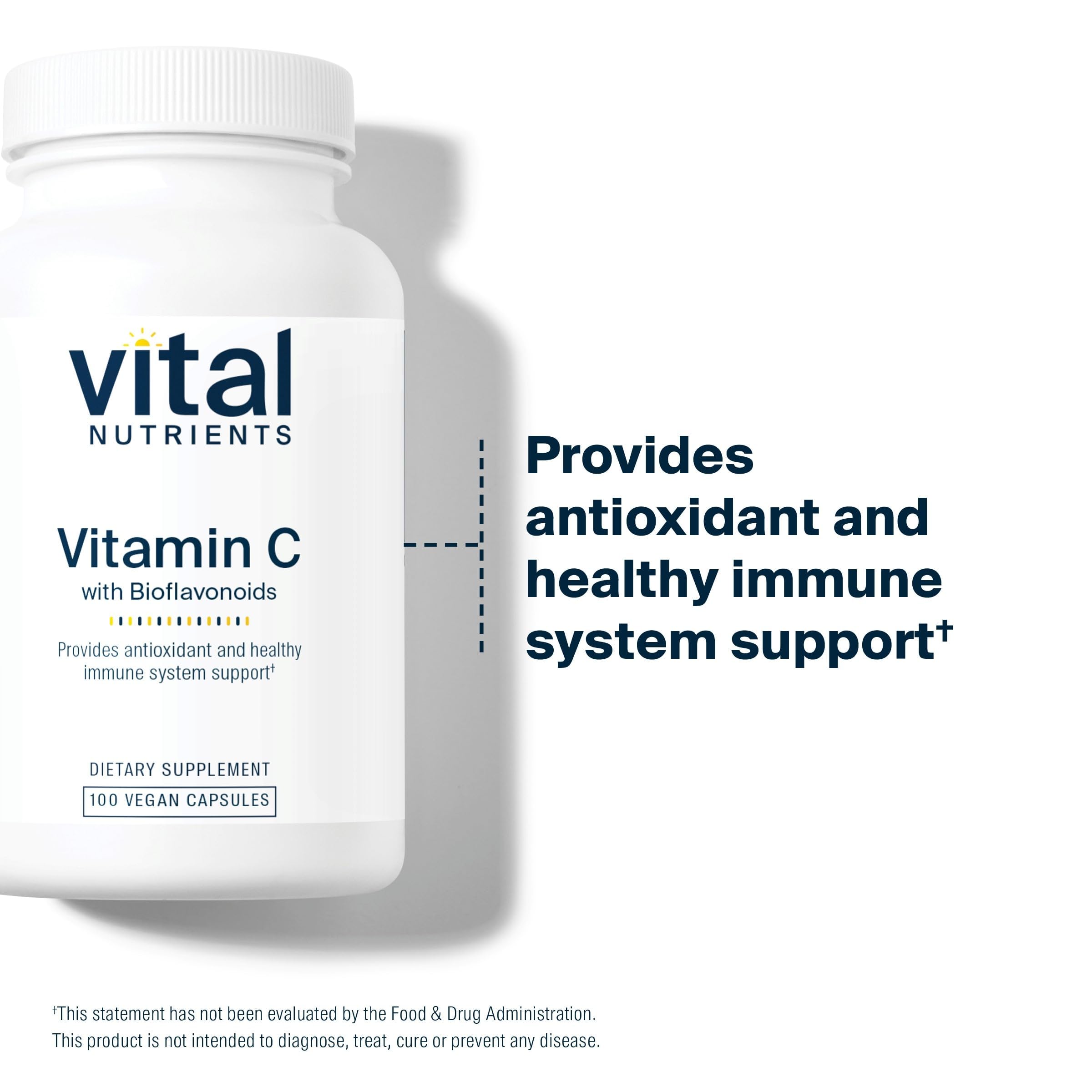 Vital Nutrients Vitamin C with Bioflavonoids label highlighting citrus bioflavonoids for enhanced antioxidant activity.