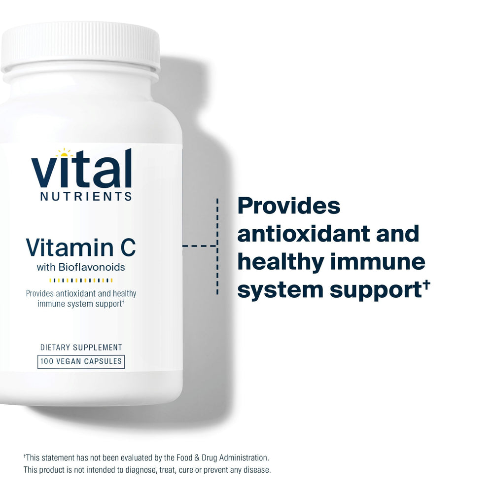 Vital Nutrients Vitamin C with Bioflavonoids label highlighting citrus bioflavonoids for enhanced antioxidant activity.