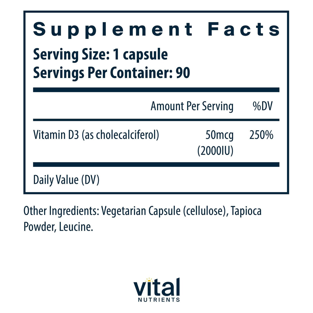 Vital Nutrients Vitamin D3 capsule close-up highlighting easy swallow.