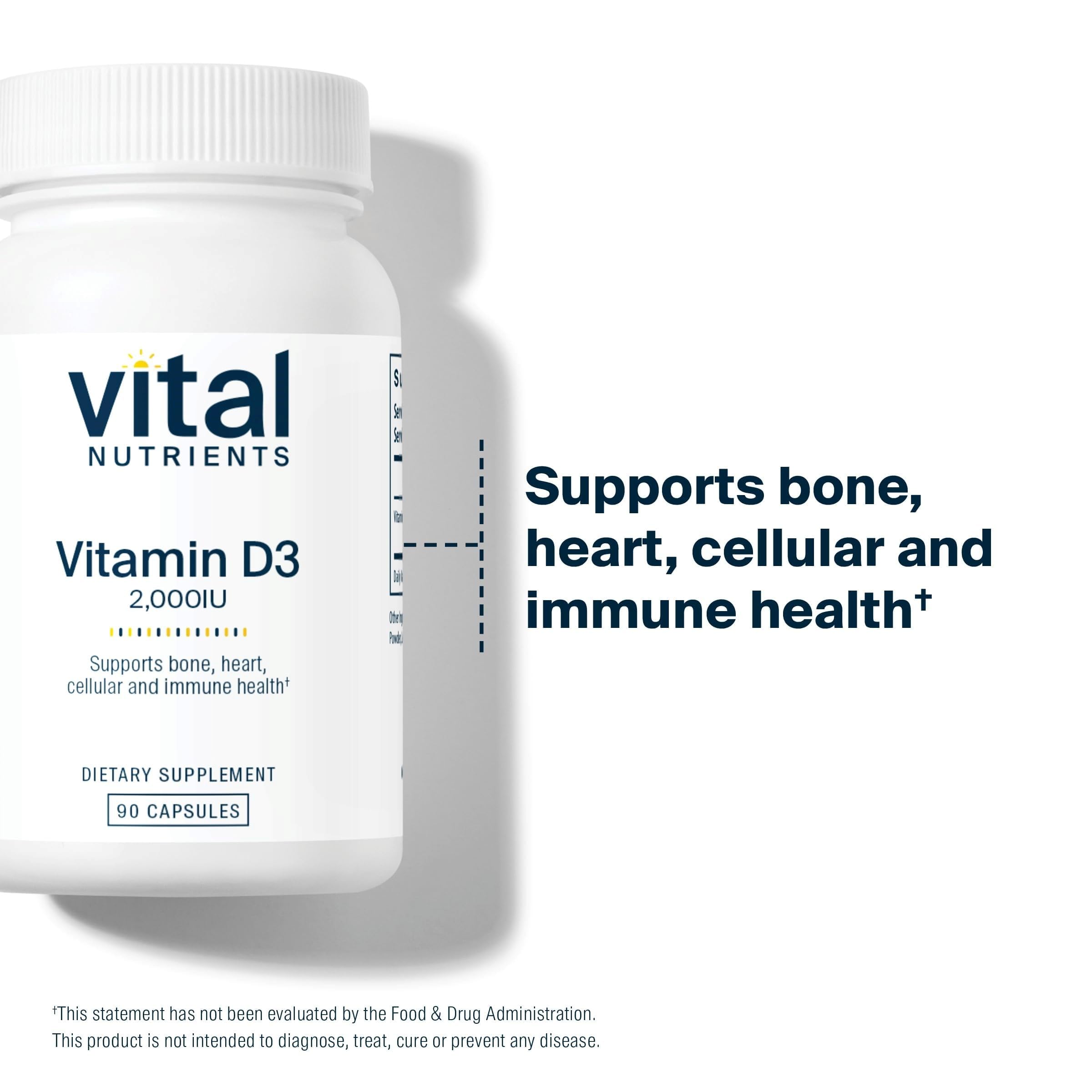 Vital Nutrients Vitamin D3 label close-up with clean, hypoallergenic formula.