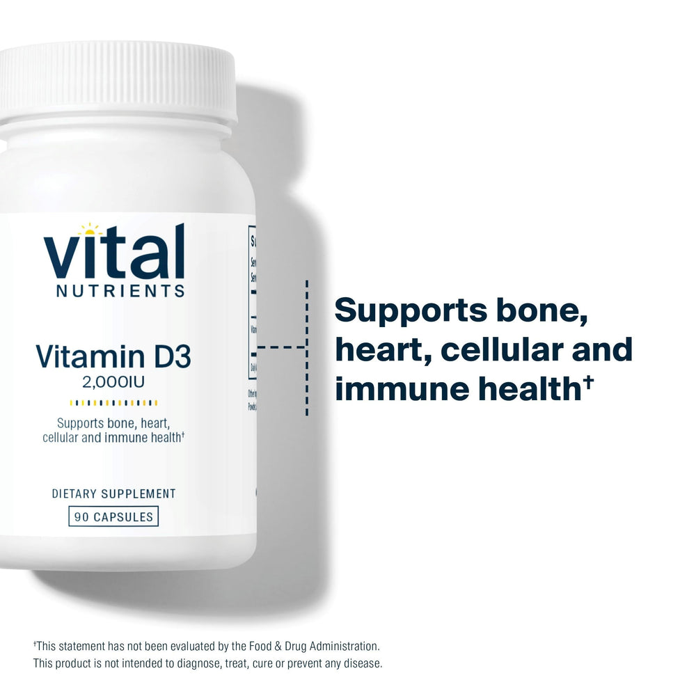Vital Nutrients Vitamin D3 label close-up with clean, hypoallergenic formula.