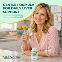 Vital Nutritive liver capsules closeup highlighting milk thistle and artichoke ingredients.
