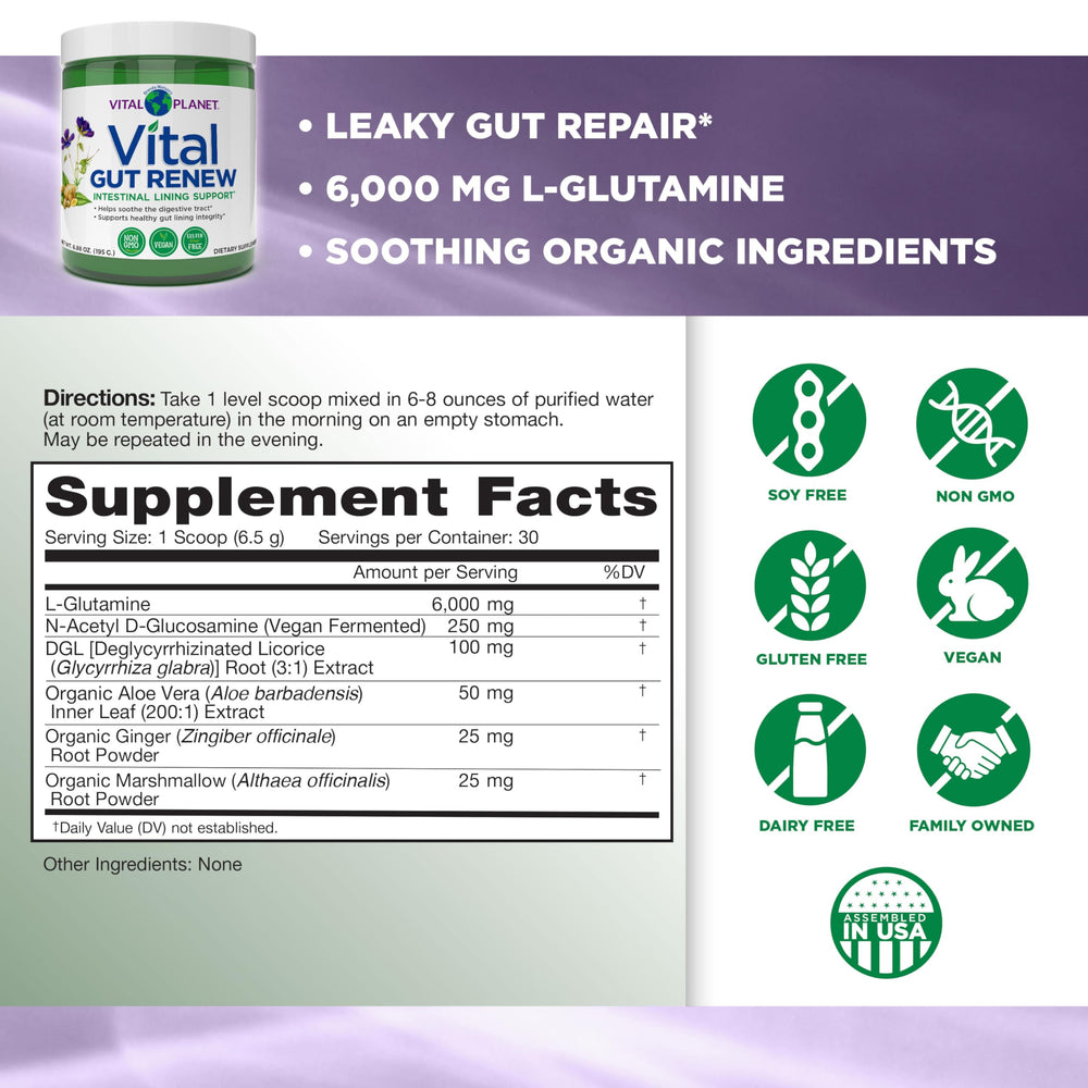 Vital Planet Vital Gut Renew jar label highlighting organic ingredients and gut health