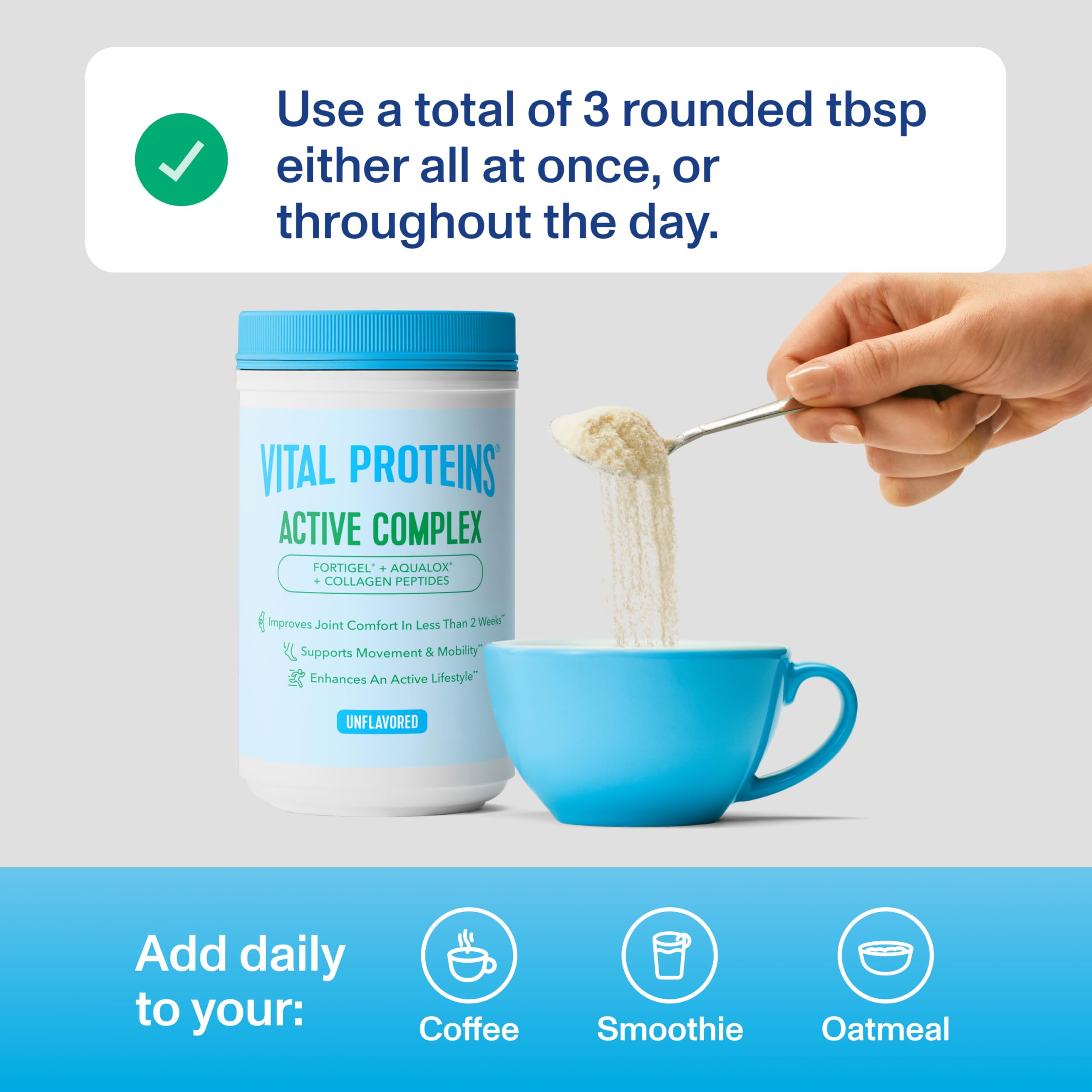 Vital Proteins Active Complex glass with drink showcases gluten-free, clean supplement moment.
