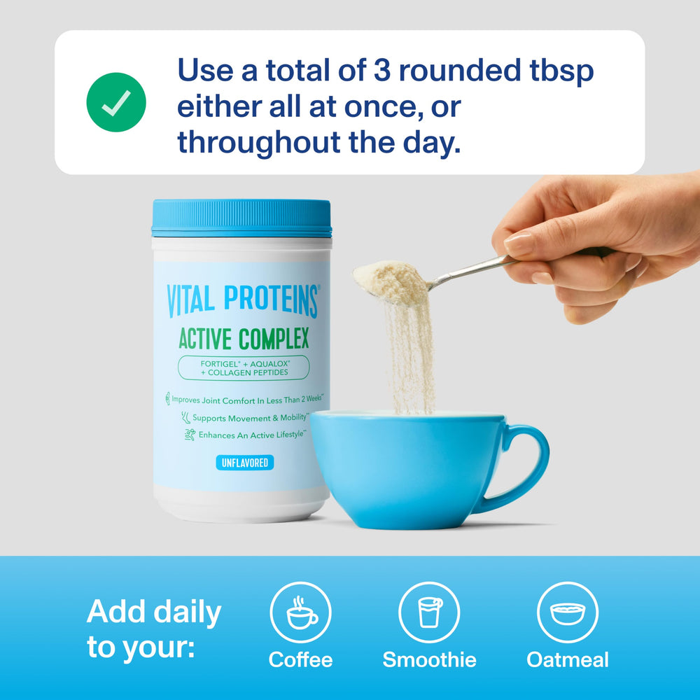 Vital Proteins Active Complex glass with drink showcases gluten-free, clean supplement moment.