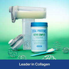 Vital Proteins Active Complex powder scoop highlights easy daily collagen intake.