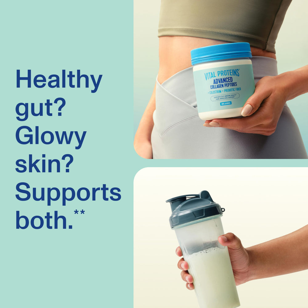 Lifestyle shot of Vital Proteins Advanced Collagen glow and daily wellness routine.