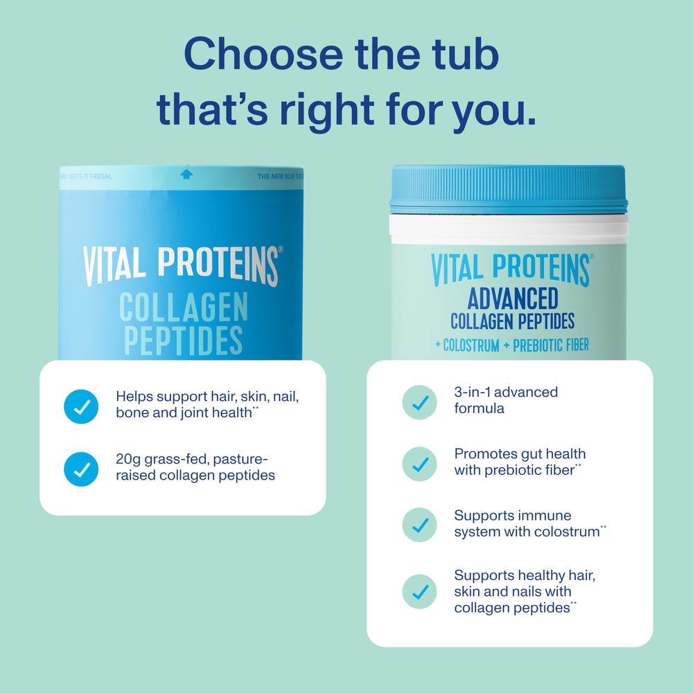 Scoop of Vital Proteins Advanced Collagen powder beside the tub for daily serving.