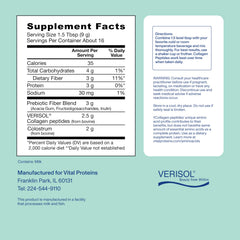 Ingredients panel on Vital Proteins Advanced Collagen tub featuring colostrum and prebiotic fiber.