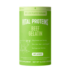 Vital Proteins Beef Gelatin Powder jar on the counter ready to blend into recipes.