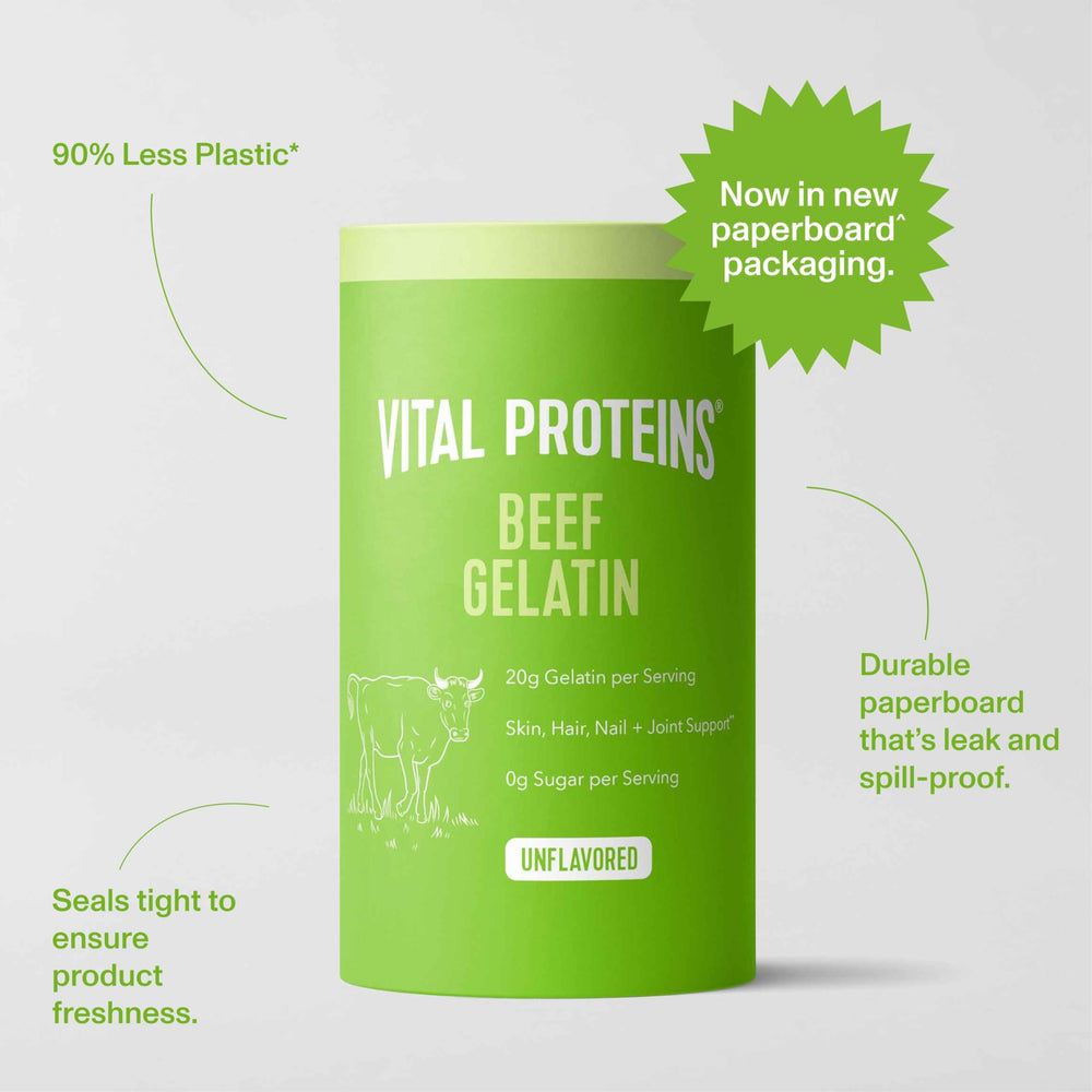 Vital Proteins Beef Gelatin Powder label shows Whole30 compatibility.