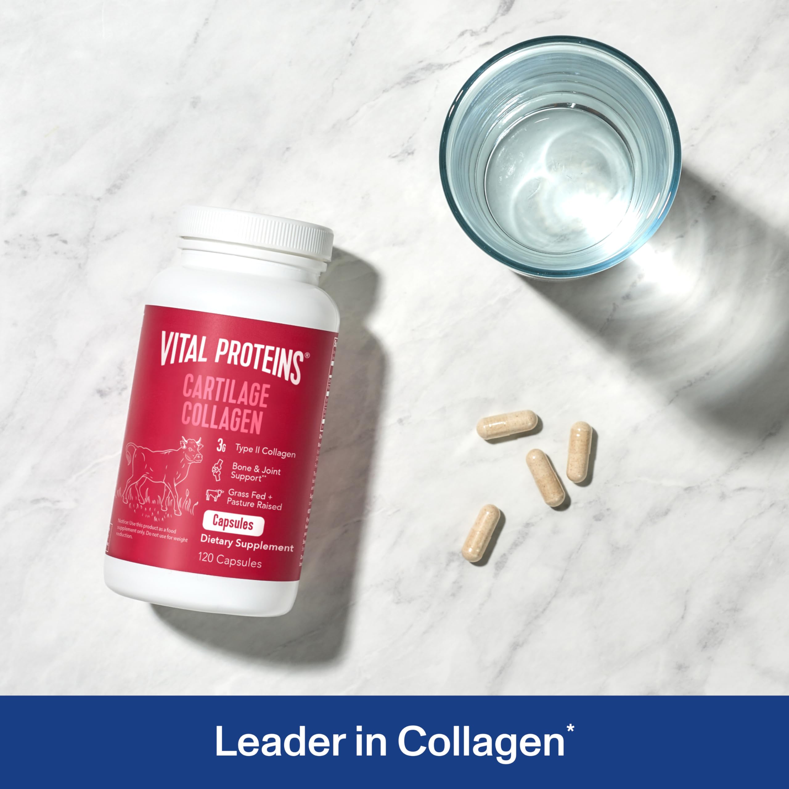 Vital Proteins Cartilage Collagen capsules closeup highlighting convenient serving