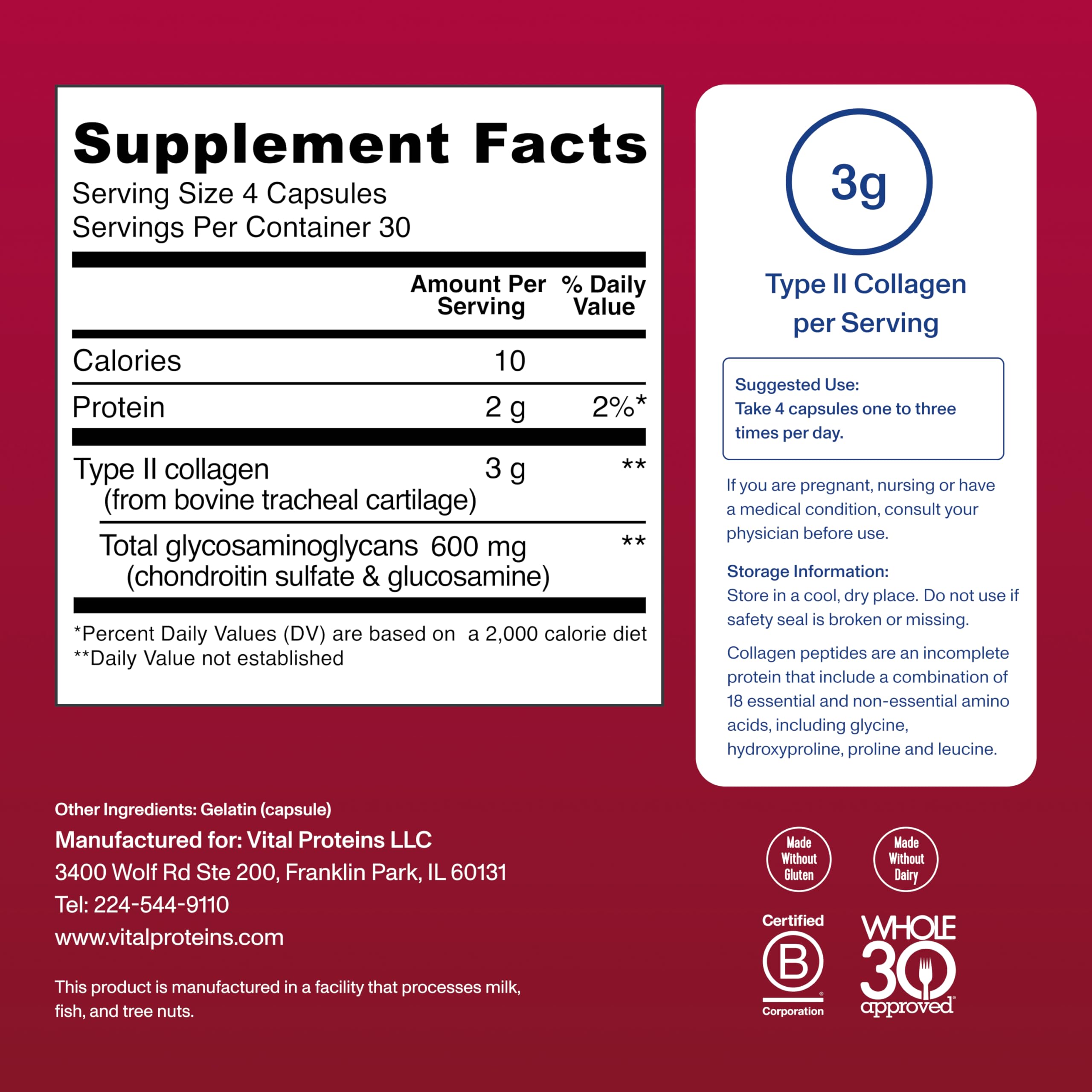 Vital Proteins Cartilage Collagen serving info graphic showing 4 capsules per serving