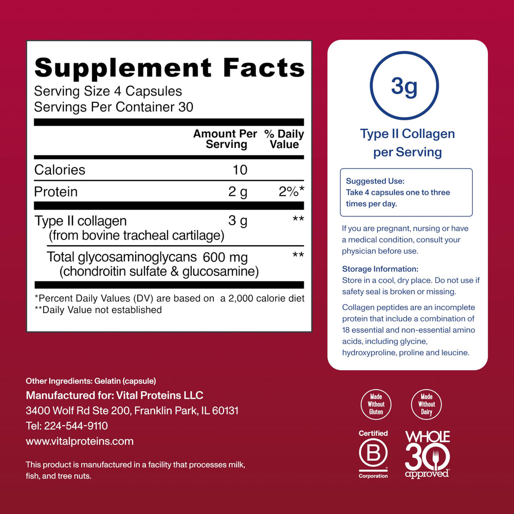 Vital Proteins Cartilage Collagen serving info graphic showing 4 capsules per serving