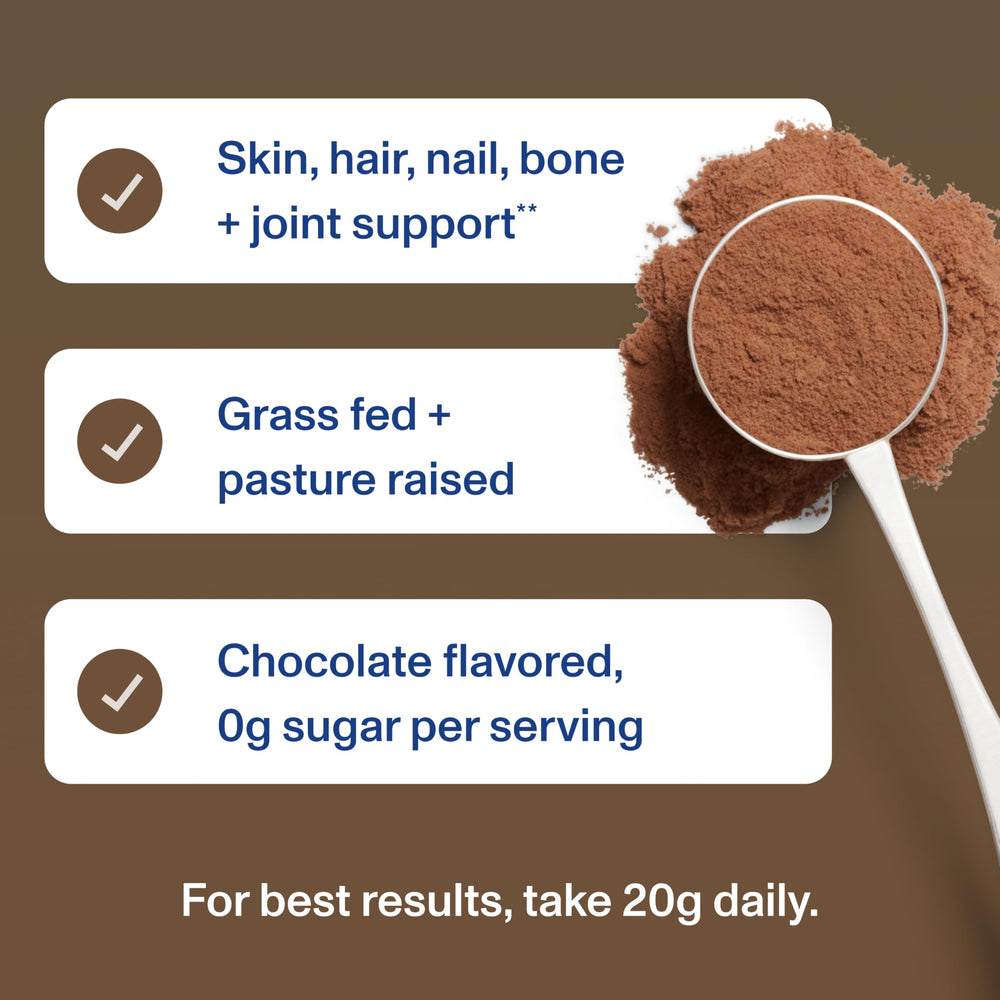 Vital Proteins chocolate collagen powder being poured for a quick drink