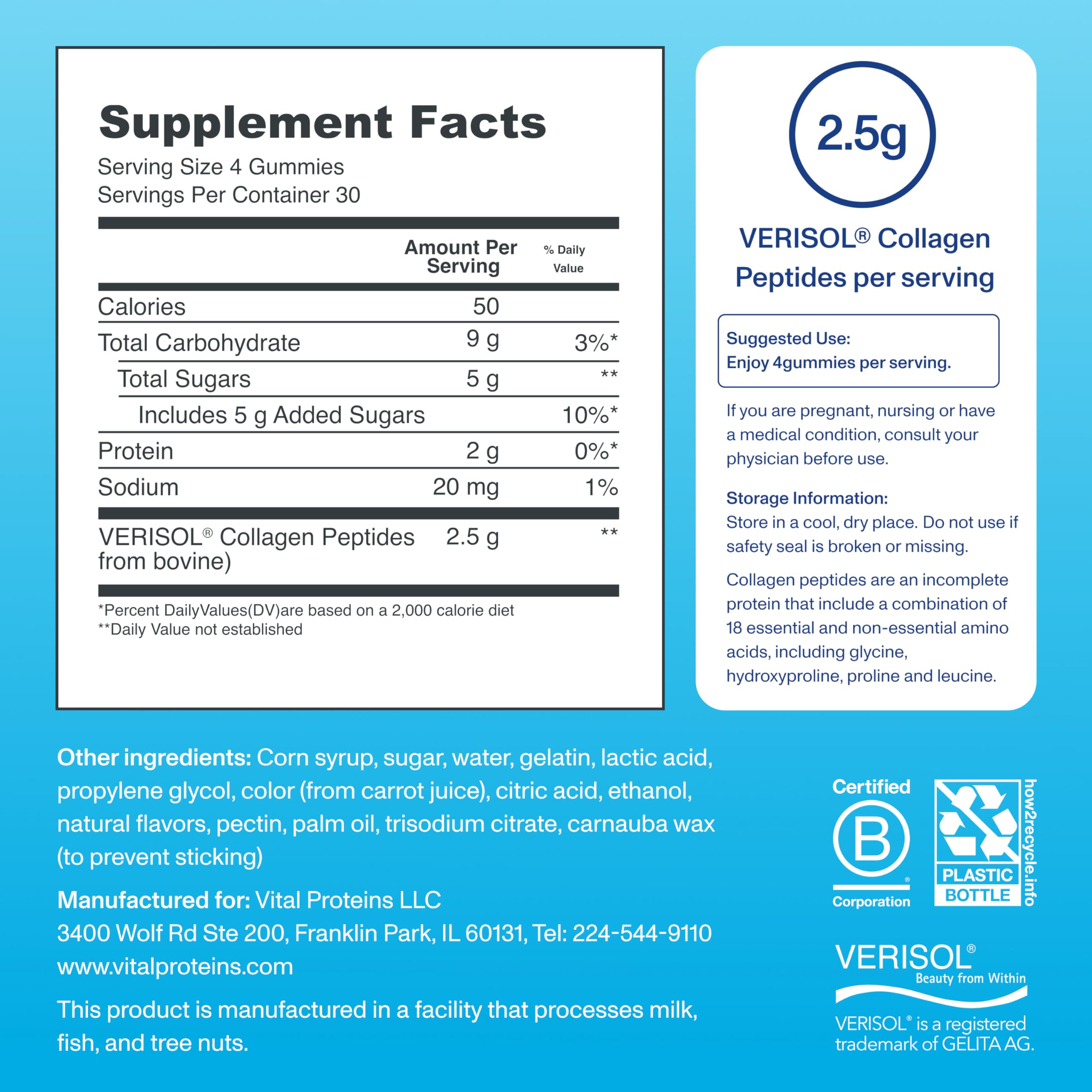 Vital Proteins Collagen Gummies ingredients label with VERISOL peptides.