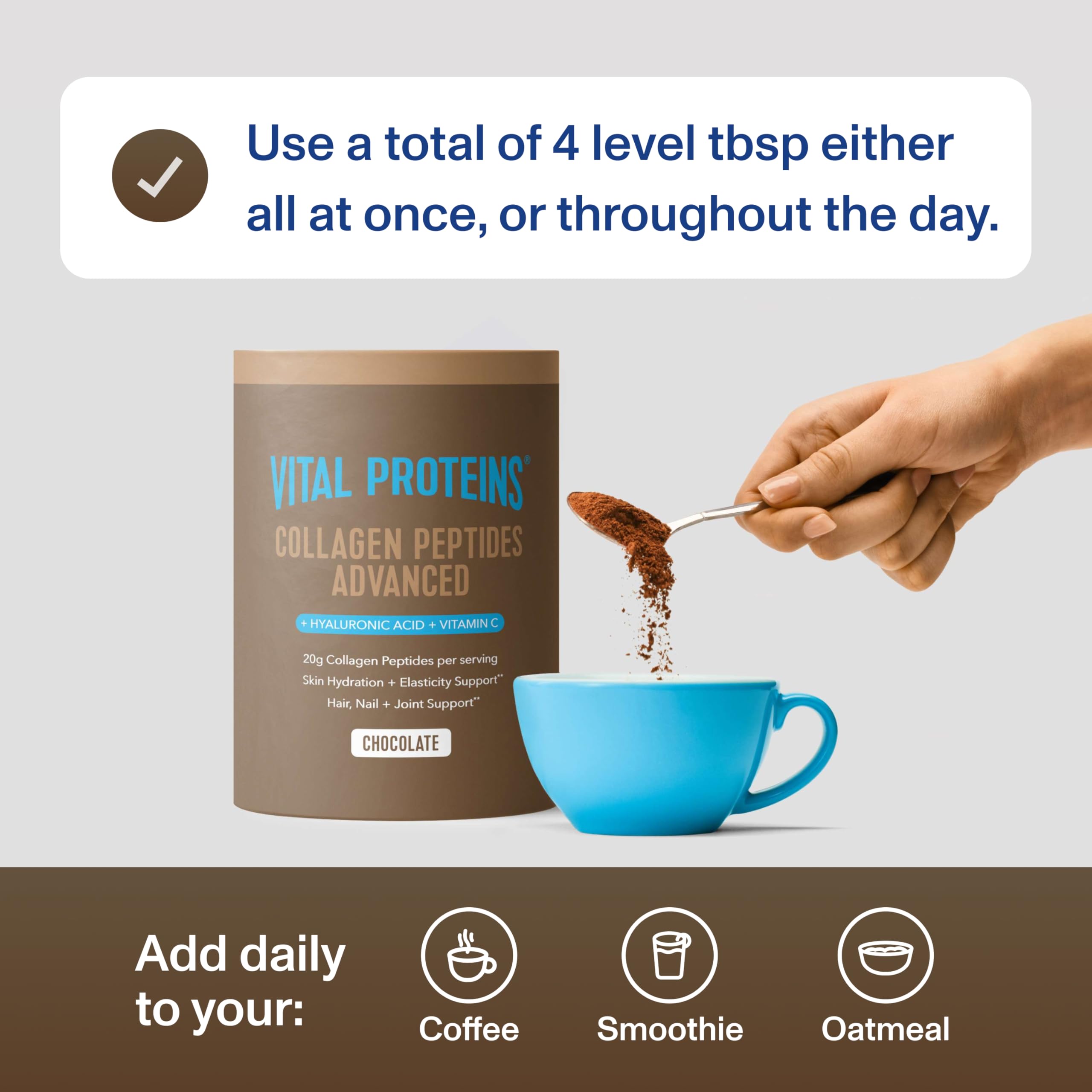Vital Proteins Collagen Peptides Advanced in a smoothie, highlighting chocolate flavor.