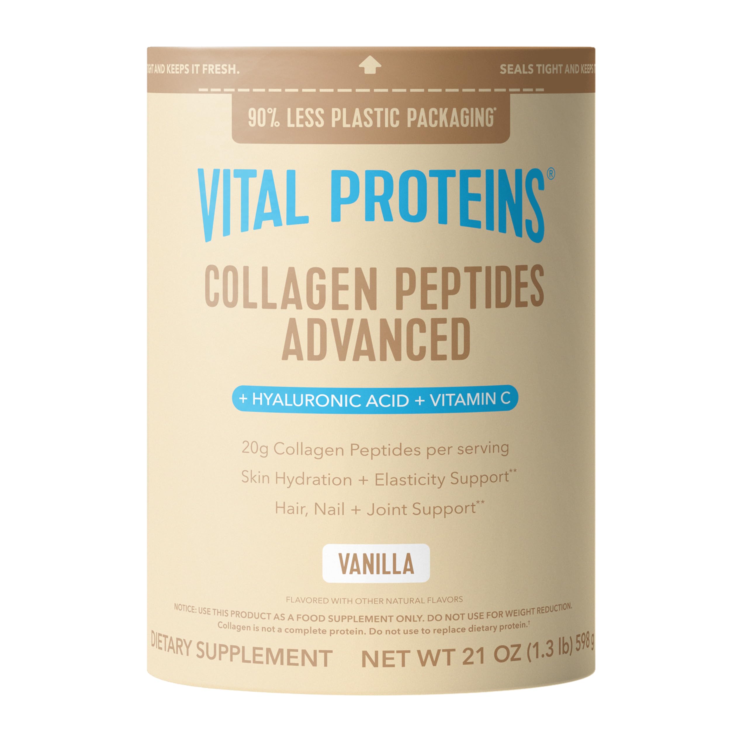 Vital Proteins Collagen Peptides Advanced vanilla powder in 21oz container for smoothies.