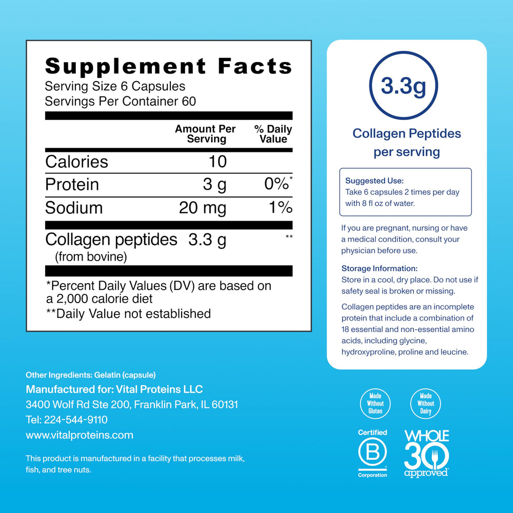 Vital Proteins collagen peptides label featuring paleo and Whole30-friendly features