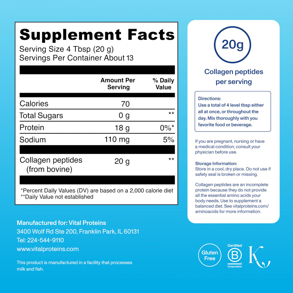 Vital Proteins Collagen Peptides label close-up highlights grass-fed sourcing.